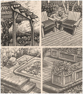Free DIY Deck Building and Deck Furnishing Plans from the California Redwood Association -  Use these detailed plans for building your own deck, deck planters, a bench that doubles as a deck railing and a shady pergola. 